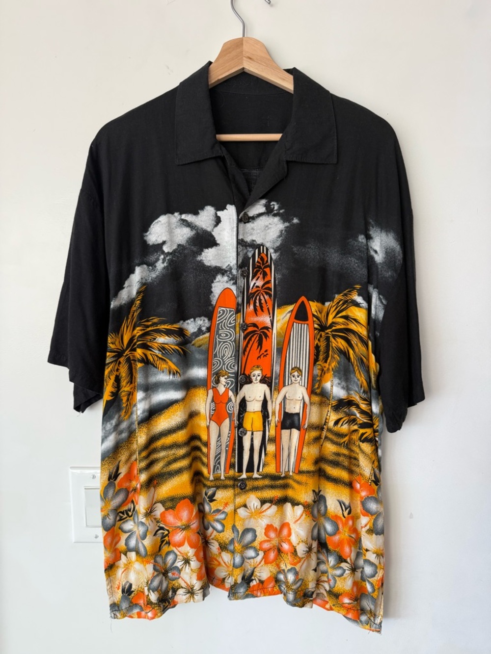 Vintage Black & Orange Surfer Hawaiian Shirt, Unusual One of a Kind